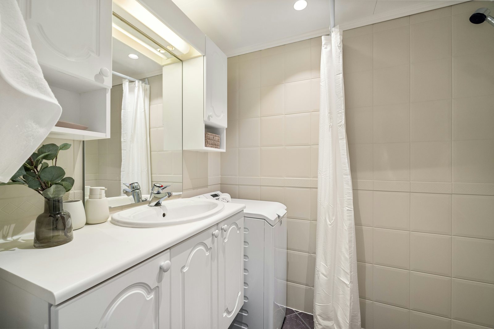 Bathroom basin, faucet and shower enclosure